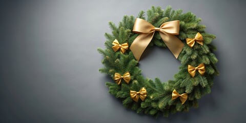 Christmas wreath with golden bow on gray background, Christmas, wreath, golden, bow, gray, background, festive