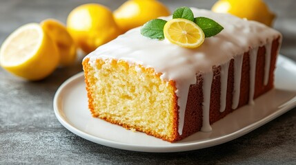 Wall Mural - Lemon loaf cake with a glossy sugar icing, presented on a white plate, on a stone background with copy space available.