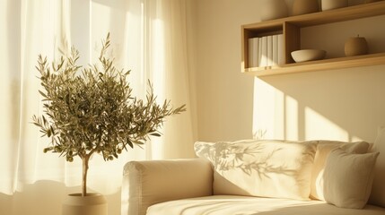 Light and airy living room interior featuring a soft sofa, an olive tree in a stylish pot, and sleek shelf units, sunlight streaming through, fresh and inviting