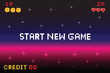 © boontan - start new game Pixel art background.8 bit game. retro game. for game assets in vector illustrations. Retro Futurism Sci-Fi Background. glowing neon grid. and stars from vintagsynwap table1 start new g