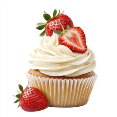 Wall Mural - Isolated strawberry cupcakes on a clean white background, showcasing their vibrant red and fresh strawberries.