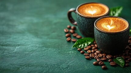 Two Cups of Latte with Heart-Shaped Art on a Green Background