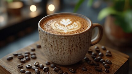 A close-up of a latte with latte art in a rustic mug on a wooden surface with coffee beans.