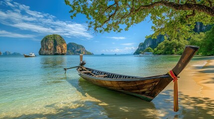 Long-tail boat tied to a tree on a sandy beach in Krabi, Thailand, with stunning limestone rocks and crystal-clear waters reflecting the sunny sky