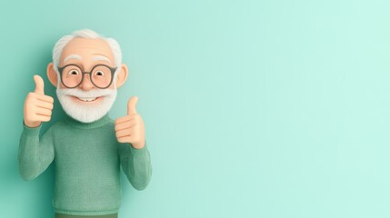 Canvas Print - A joyful elderly man with a big smile gives a thumbs up, radiating positivity and joy in a bright, clean backdrop.