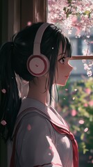 Canvas Print - A cute yearold girl in a sailor uniform smiles, wearing pink headphones. Her impressive black eyes sparkle in natural light.