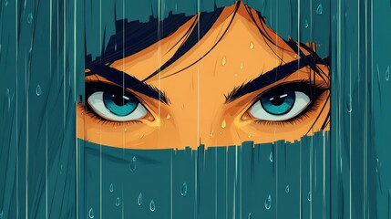 Poster - A stunning portrait of a girl peering through a rainy window, her focus highlighted by beautiful droplets and textures.