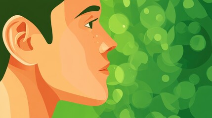 Poster - A vibrant closeup highlights an ear and jawline against a soft green backdrop, showcasing sunkissed skin and water droplets.