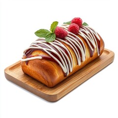 Wall Mural - Raspberry French bread loaf on a wooden tray, isolated on a white background, combining rustic and sweet elements with its vibrant glaze.