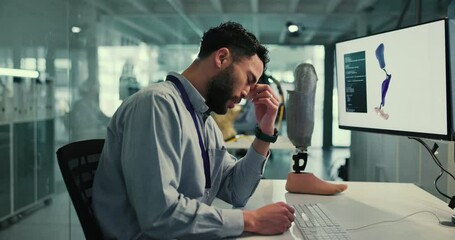 Aufkleber - Business, computer and man with headache, stress and compliance for robotics development. Tired, evening and engineer with pc, screen and migraine with deadline, mistake and internet with fatigue