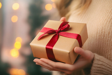 woman holding a gift box in her hand and untie a bow