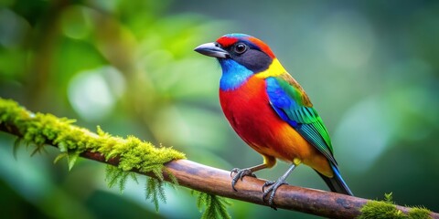 Vibrant image of a colorful bird perched on a branch in a lush forest setting, bird, wildlife, nature, feathers, colorful, beauty