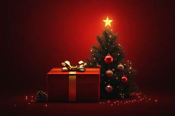 Wall Mural - a green Christmas background with a red gift box with a gold ribbon and a pine tree.