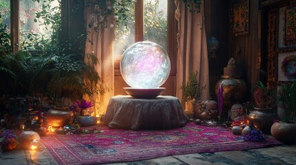 A crystal ball sits on a pedestal in a mystical room, surrounded by candles, plants, and other objects.