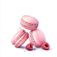 Wall Mural - Watercolor-style raspberry macarons isolated on a white background, soft and artistic.