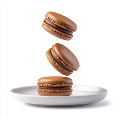 Wall Mural - Chocolate macarons on a plate, isolated with a white background, elegant and appetizing.