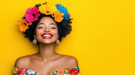 Poster - A cheerful woman in a floral dress beams against a bright yellow backdrop, exuding joy and summer vibes effortlessly.