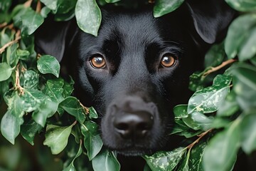 Wall Mural - Black Labrador Retriever Dog Peeking Through Green Leaves