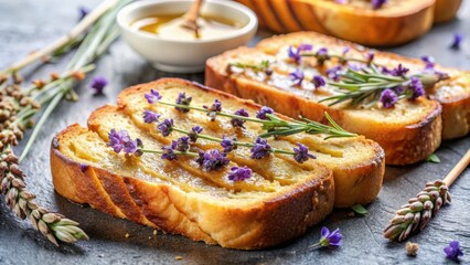 Close-up of honey drizzled toasted bread topped with lavender flowers, food, breakfast, dessert, bakery, delicious, sweet