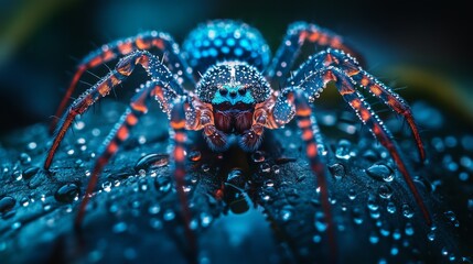 Wall Mural - Close-up of a Spider on a Dew-Covered Leaf