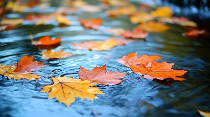 Orange and yellow maple leaves float on blue water in a stream.