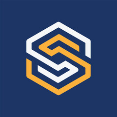 Poster - This design is a simple flat logo of a letter S in white and orange color on a dark blue background in hexagonal shape