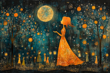 Wall Mural - A woman in a long orange dress is holding a lantern in a painting of a forest