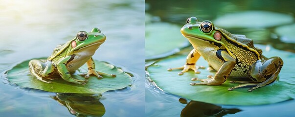 Frogs jumping from lily pad to lily pad, crystal-clear river water, sunlight shining through, a vibrant natural habitat