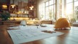 © LuvTK - A neatly arranged workspace with blueprints spread across a large table, pencils scattered, and a hard hat resting nearby. The scene is softly lit,