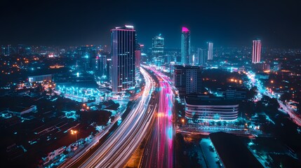 Night City Skyline with Traffic Lights and Skyscrapers