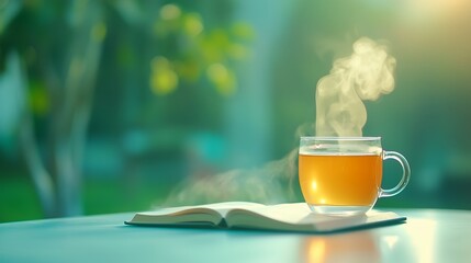 A delicate glass of hot tea, wisps of steam curling into the air, sits on an outdoor table as a woman reads a book in the soft morning light, surrounded by greenery and the sounds of nature.