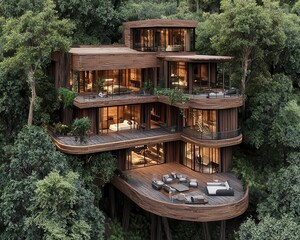 Luxurious tree house with multiple levels and expansive terraces, featuring contemporary architecture and nestled among towering trees