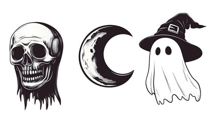 Wall Mural - Simplified Halloween Symbols Featuring a Skull, Witch Hat, Crescent Moon, and Ghost with Clean Lines in Monochrome Design on a White Background. Ideal for Spooky Celebrations and Seasonal Decor