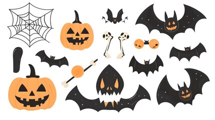 Wall Mural - Vector Halloween Elements Including Bats, Spider Webs, Pumpkins, and Bones in a Flat Style with Simple Design Isolated on White Background. Perfect for Seasonal Decor and Festive Celebrations