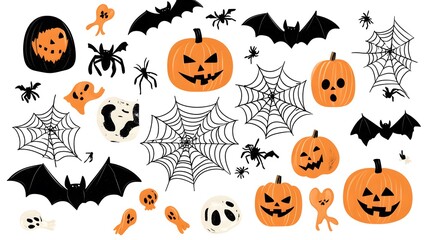 Wall Mural - Vector Halloween Elements Including Bats, Spider Webs, Pumpkins, and Bones in a Flat Style with Simple Design Isolated on White Background. Perfect for Seasonal Decor and Festive Celebrations