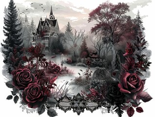 Wall Mural - Intricate digital artwork depicting a gothic mansion surrounded by dark roses and a misty forest, blending eerie atmosphere and dark romance.