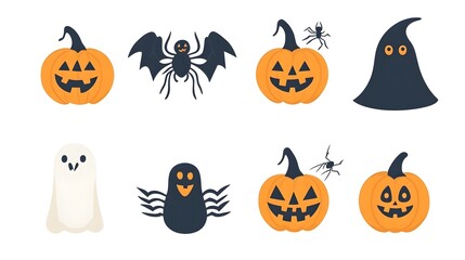 Minimal Halloween Icons Featuring Pumpkins, Spiders, and Ghosts in a Modern and Clean Design with Black and Orange Colors on a White Background. Perfect for Seasonal Decor and Celebrations