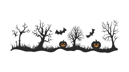 Wall Mural - Simplistic Halloween Designs Featuring Black Bats, Spooky Trees, and Glowing Pumpkins in a Vector Style Against a Clear White Background. Ideal for Festive Decorations and Halloween Themes