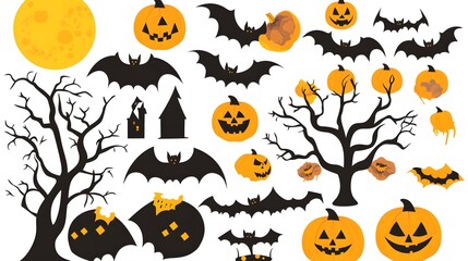 Wall Mural - Simplistic Halloween Designs Featuring Black Bats, Spooky Trees, and Glowing Pumpkins in a Vector Style Against a Clear White Background. Ideal for Festive Decorations and Halloween Themes