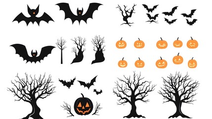 Wall Mural - Simplistic Halloween Designs Featuring Black Bats, Spooky Trees, and Glowing Pumpkins in a Vector Style Against a Clear White Background. Ideal for Festive Decorations and Halloween Themes