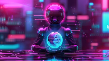 Futuristic astronaut holds a glowing globe, surrounded by vibrant neon lights, symbolizing technology and exploration.