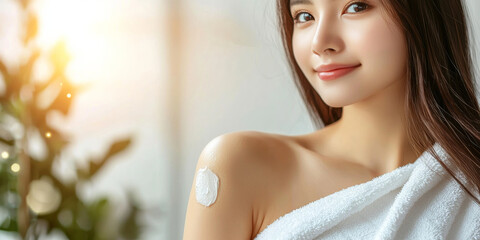 A closeup photo of a beautiful young Asian girl with long hair wearing a white towel and using a skin care product, generative AI