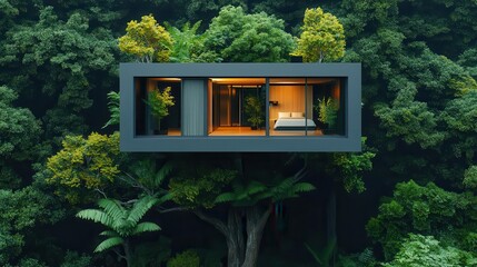 Modernist tree house with geometric shapes and large windows, perched high in the canopy, blending art and architecture