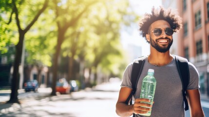 a smiling man in sunglasses and casual attire holds a water bottle while enjoying a sunny day on a t