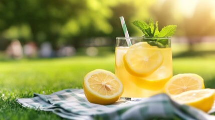 A chilled glass of lemonade with fresh mint and lemon slices rests on a sun-drenched picnic blanket, as a family enjoys a leisurely afternoon in a vibrant park.