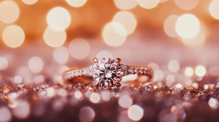 A diamond ring sparkles against a backdrop of glittering bokeh lights in soft focus.