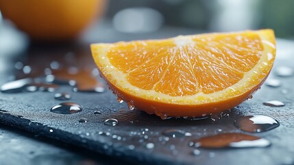 A juicy orange slice with water droplets on a black surface.