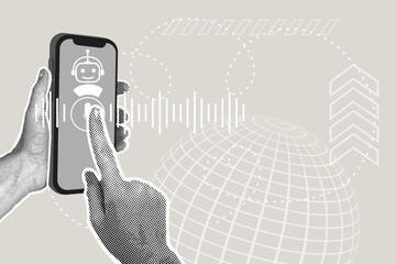 Modern halftone collage. Artificial intelligence enabled internet search concept, finding a solution. Smartphone in hand with voice icon on virtual screen to talk to chatbot. Vector illustration