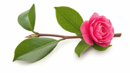 Canvas Print - A stunning realism of a pink camellia flower, delicately illustrated against a  white background. Perfect for floral lovers.