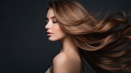 A beautiful woman with flowing hair poses in profile against a dark backdrop, her hair capturing the movement in the soft light.